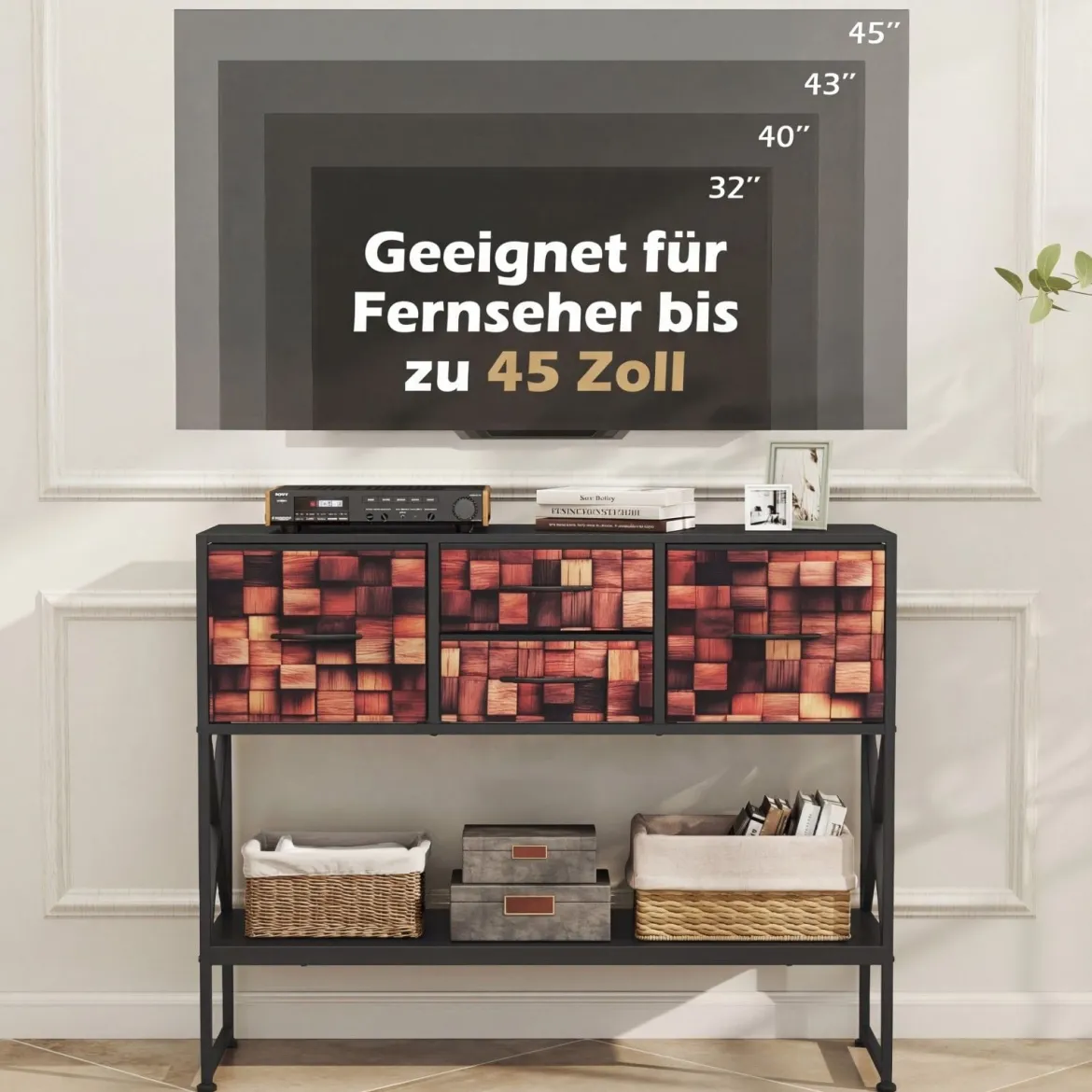 Konsolentisch Mit 4 Stoffschubladen Regal Metallrahmen Holz Mosaikmuster Kaffee & Schwarz