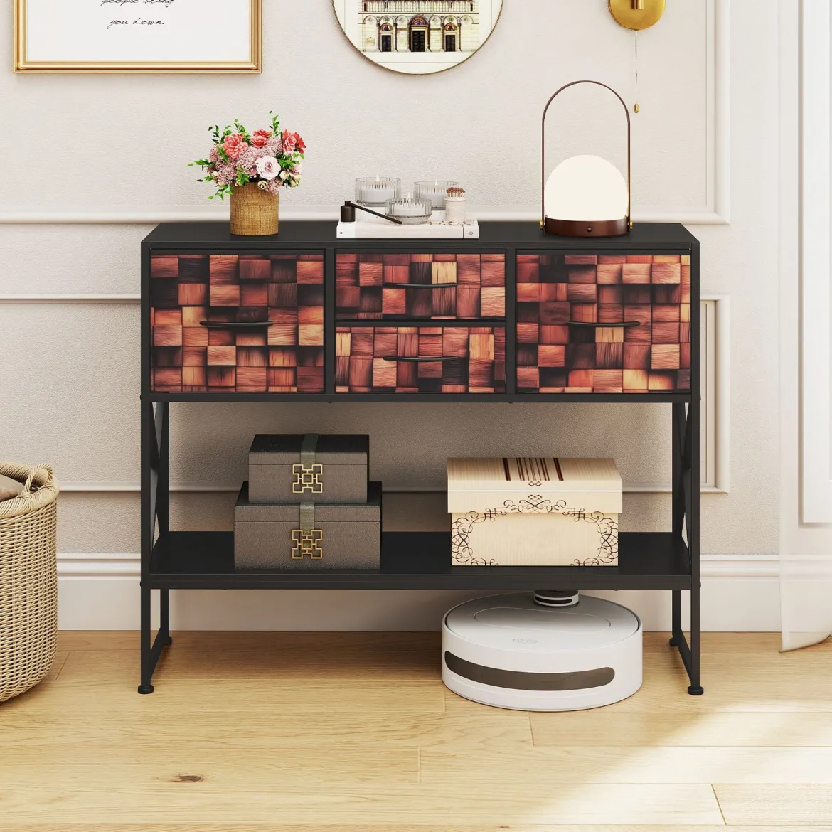 Konsolentisch Mit 4 Stoffschubladen Regal Metallrahmen Holz Mosaikmuster Kaffee & Schwarz