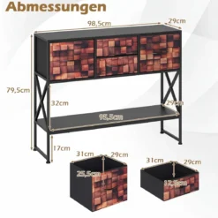 Konsolentisch Mit 4 Stoffschubladen Regal Metallrahmen Holz Mosaikmuster Kaffee & Schwarz