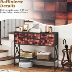 Konsolentisch Mit 4 Stoffschubladen Regal Metallrahmen Holz Mosaikmuster Kaffee & Schwarz
