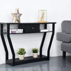 Konsolentisch schwarz Flurtisch mit Schublade und Regal 120 x 30 x 81 cm Schwarz