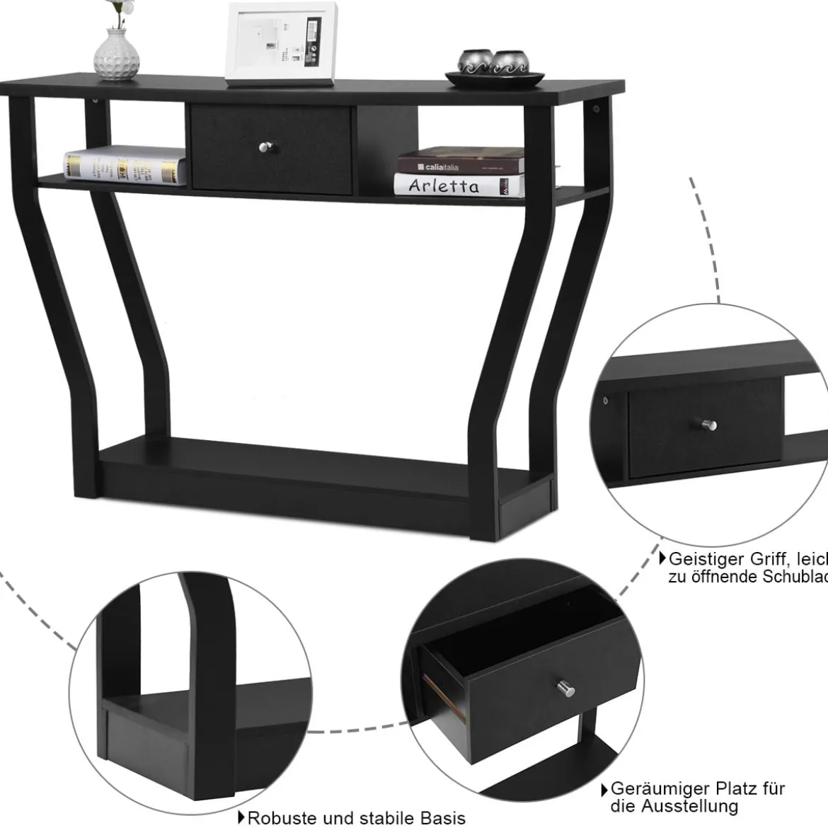 Konsolentisch schwarz Flurtisch mit Schublade und Regal 120 x 30 x 81 cm Schwarz
