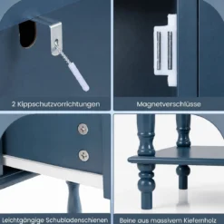Konsolentisch Vintage mit Antiken Messinggriffen 2 Schubladen & 2 Schränken 100 x 36 x 86,5 cm Blau