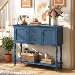 Konsolentisch Vintage mit Antiken Messinggriffen 2 Schubladen & 2 Schränken 100 x 36 x 86,5 cm Blau