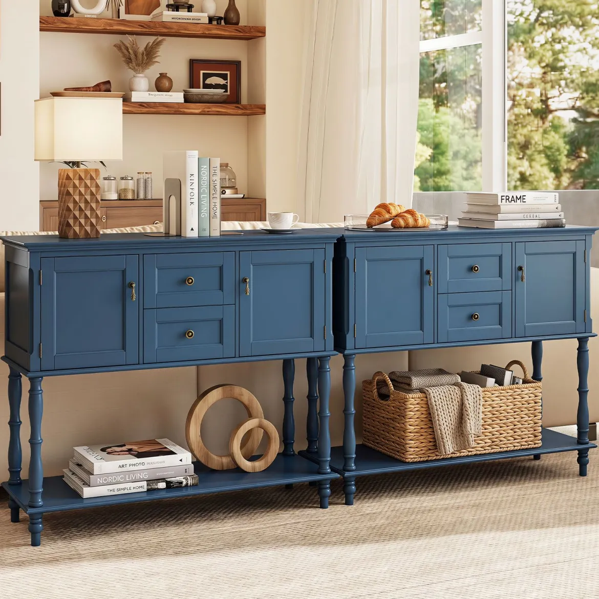 Konsolentisch Vintage mit Antiken Messinggriffen 2 Schubladen & 2 Schränken 100 x 36 x 86,5 cm Blau