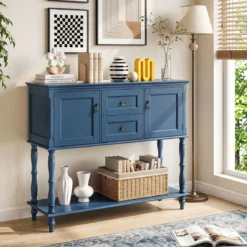 Konsolentisch Vintage mit Antiken Messinggriffen 2 Schubladen & 2 Schränken 100 x 36 x 86,5 cm Blau