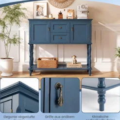 Konsolentisch Vintage mit Antiken Messinggriffen 2 Schubladen & 2 Schränken 100 x 36 x 86,5 cm Blau