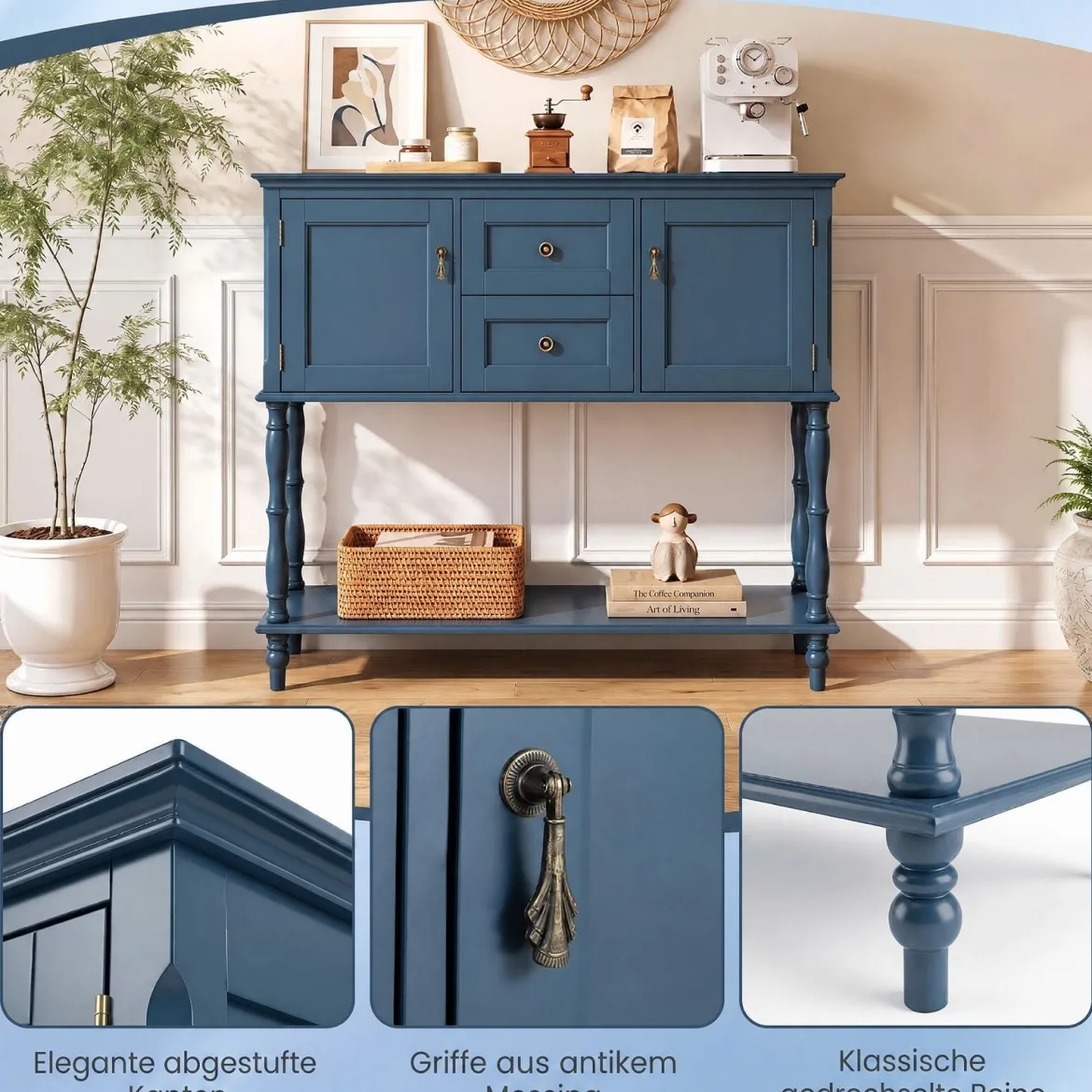 Konsolentisch Vintage mit Antiken Messinggriffen 2 Schubladen & 2 Schränken 100 x 36 x 86,5 cm Blau