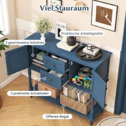 Konsolentisch Vintage mit Antiken Messinggriffen 2 Schubladen & 2 Schränken 100 x 36 x 86,5 cm Blau