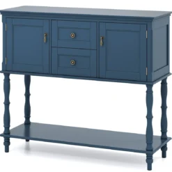 Konsolentisch Vintage mit Antiken Messinggriffen 2 Schubladen & 2 Schränken 100 x 36 x 86,5 cm Blau