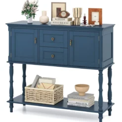 Konsolentisch Vintage mit Antiken Messinggriffen 2 Schubladen & 2 Schränken 100 x 36 x 86,5 cm Blau