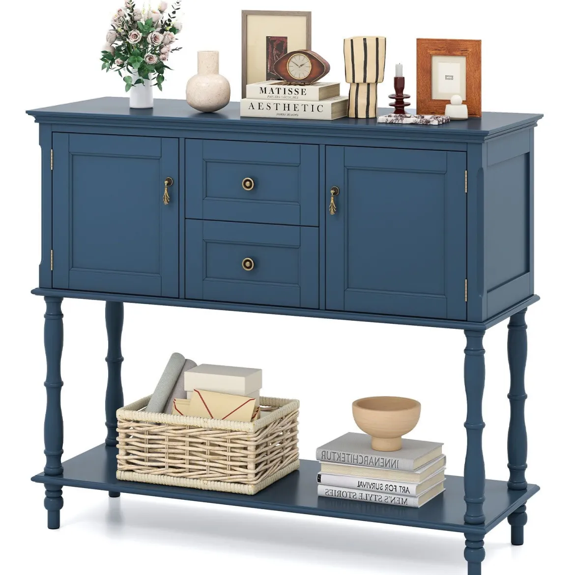 Konsolentisch Vintage mit Antiken Messinggriffen 2 Schubladen & 2 Schränken 100 x 36 x 86,5 cm Blau