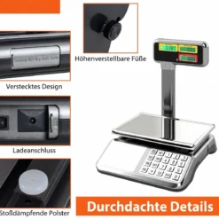 Kontrollwaage 40 kg / 5 g mit Doppelseitiger Hochanzeige Ladenwaage mit Integriertem Akku
