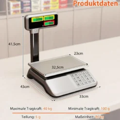 Kontrollwaage 40 kg / 5 g mit Doppelseitiger Hochanzeige Ladenwaage mit Integriertem Akku
