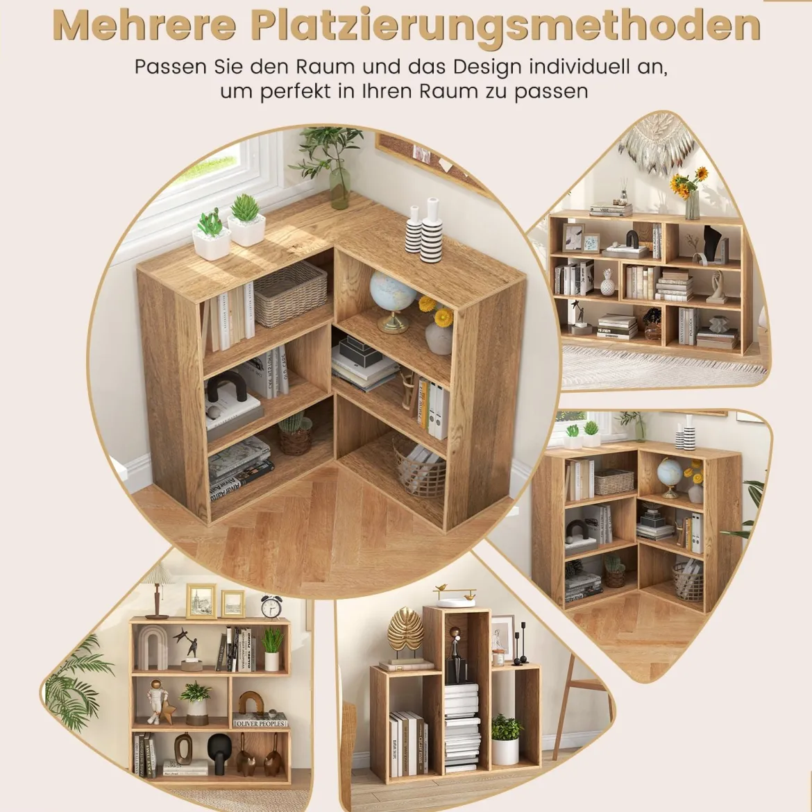 Konvexes Bücherregal mit Kippschutz 3 Ebenen Standregal Raumteiler 29,5 x 84 x 83,5 cm Natur