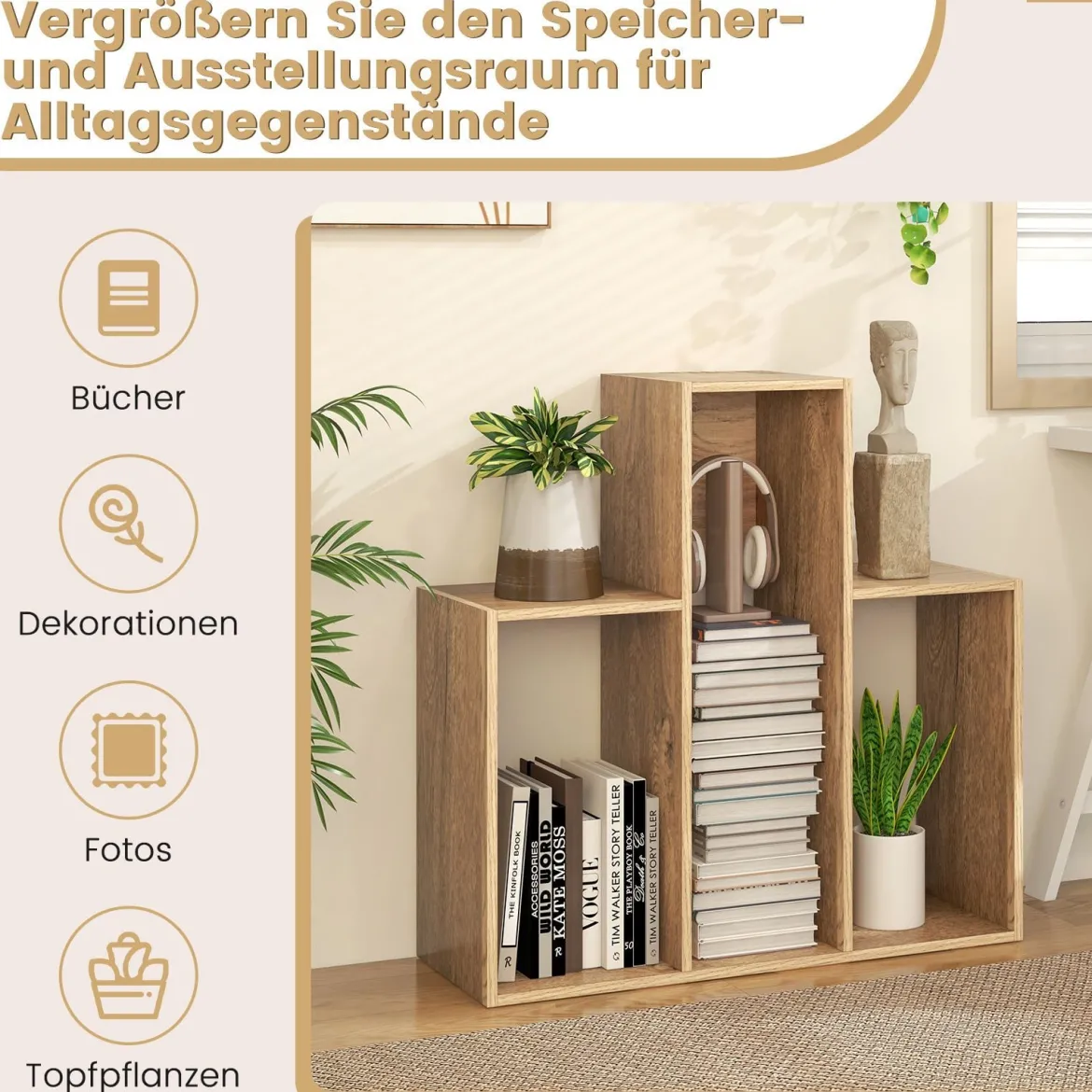 Konvexes Bücherregal mit Kippschutz 3 Ebenen Standregal Raumteiler 29,5 x 84 x 83,5 cm Natur