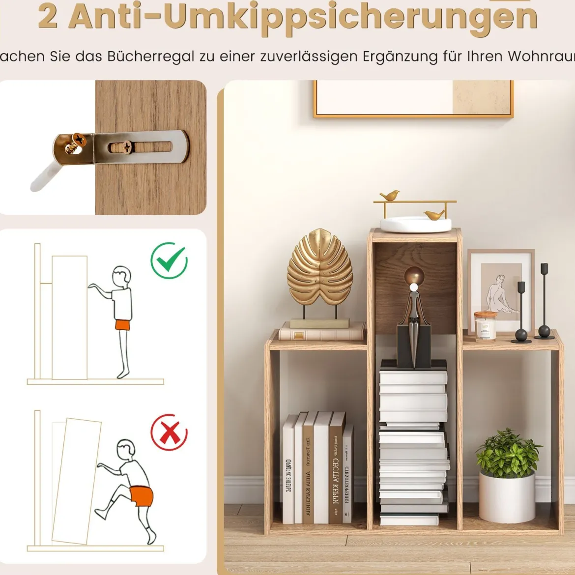 Konvexes Bücherregal mit Kippschutz 3 Ebenen Standregal Raumteiler 29,5 x 84 x 83,5 cm Natur