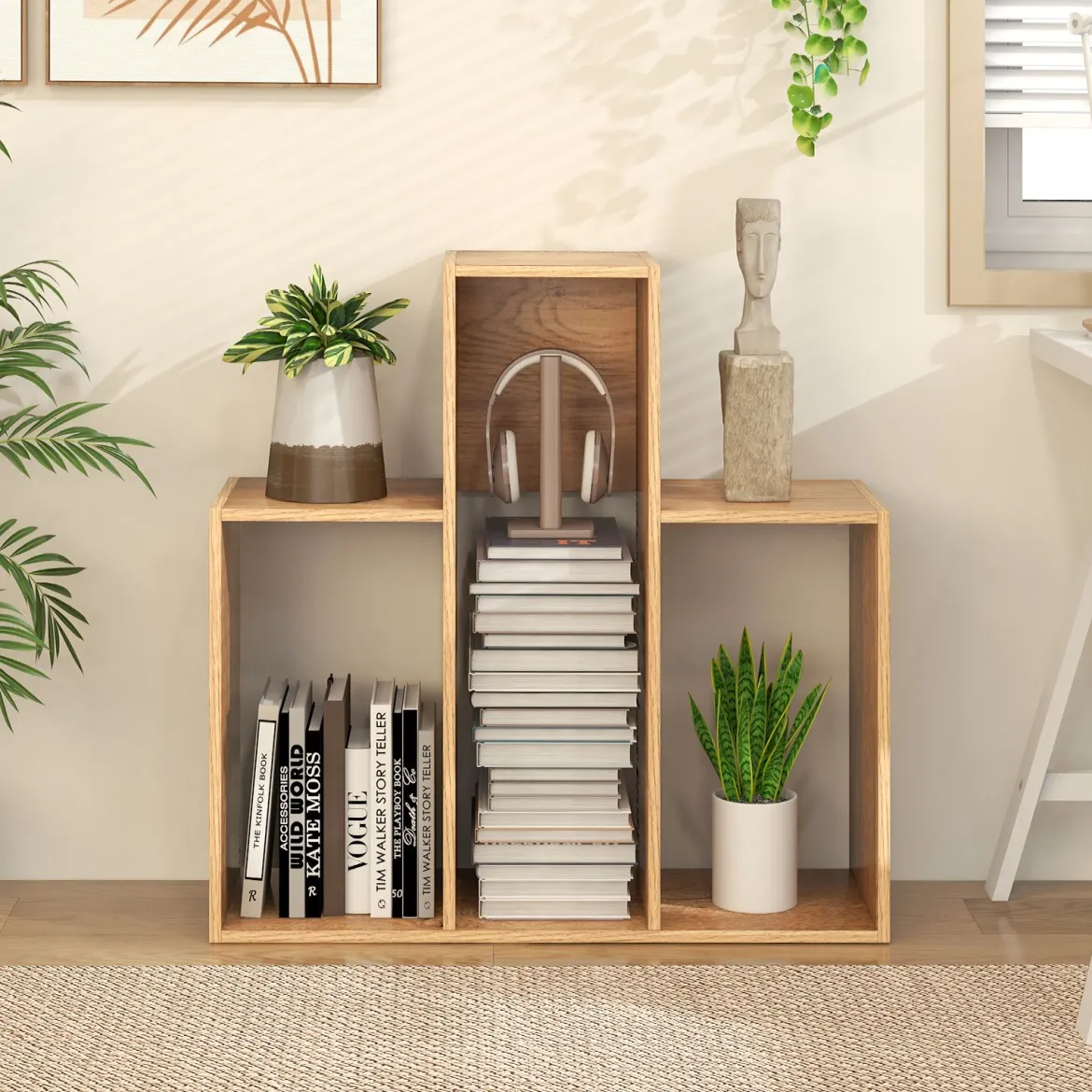 Konvexes Bücherregal mit Kippschutz 3 Ebenen Standregal Raumteiler 29,5 x 84 x 83,5 cm Natur