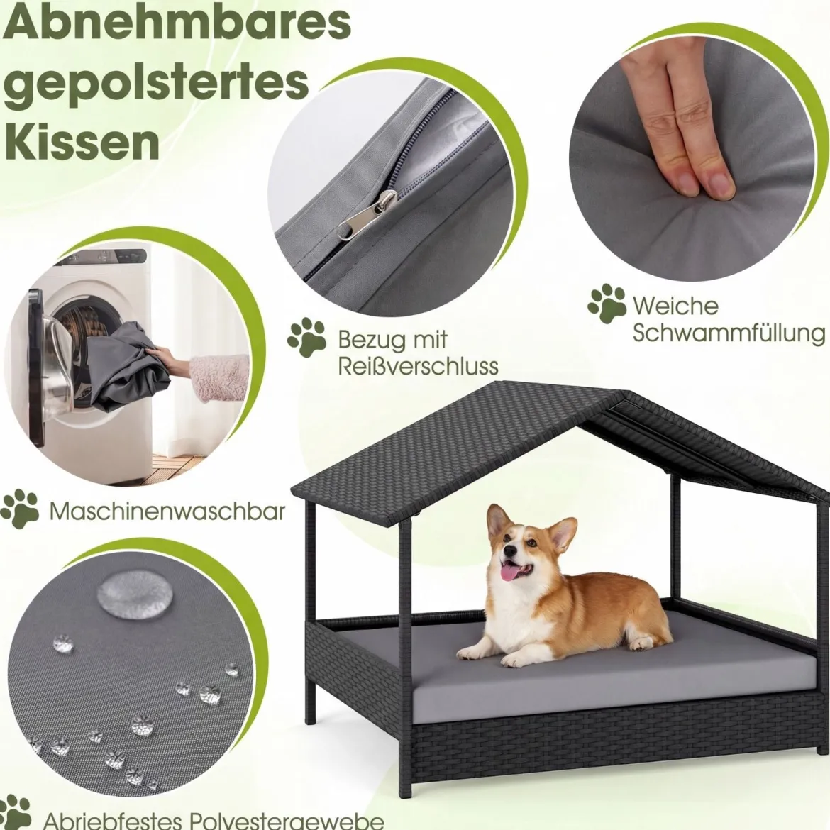 Korbhundehütte mit Baldachin erhöhtes Rattansofa für kleine und mittelgroße Hunde bis 60 kg Grau