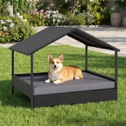 Korbhundehütte mit Baldachin erhöhtes Rattansofa für kleine und mittelgroße Hunde bis 60 kg Grau