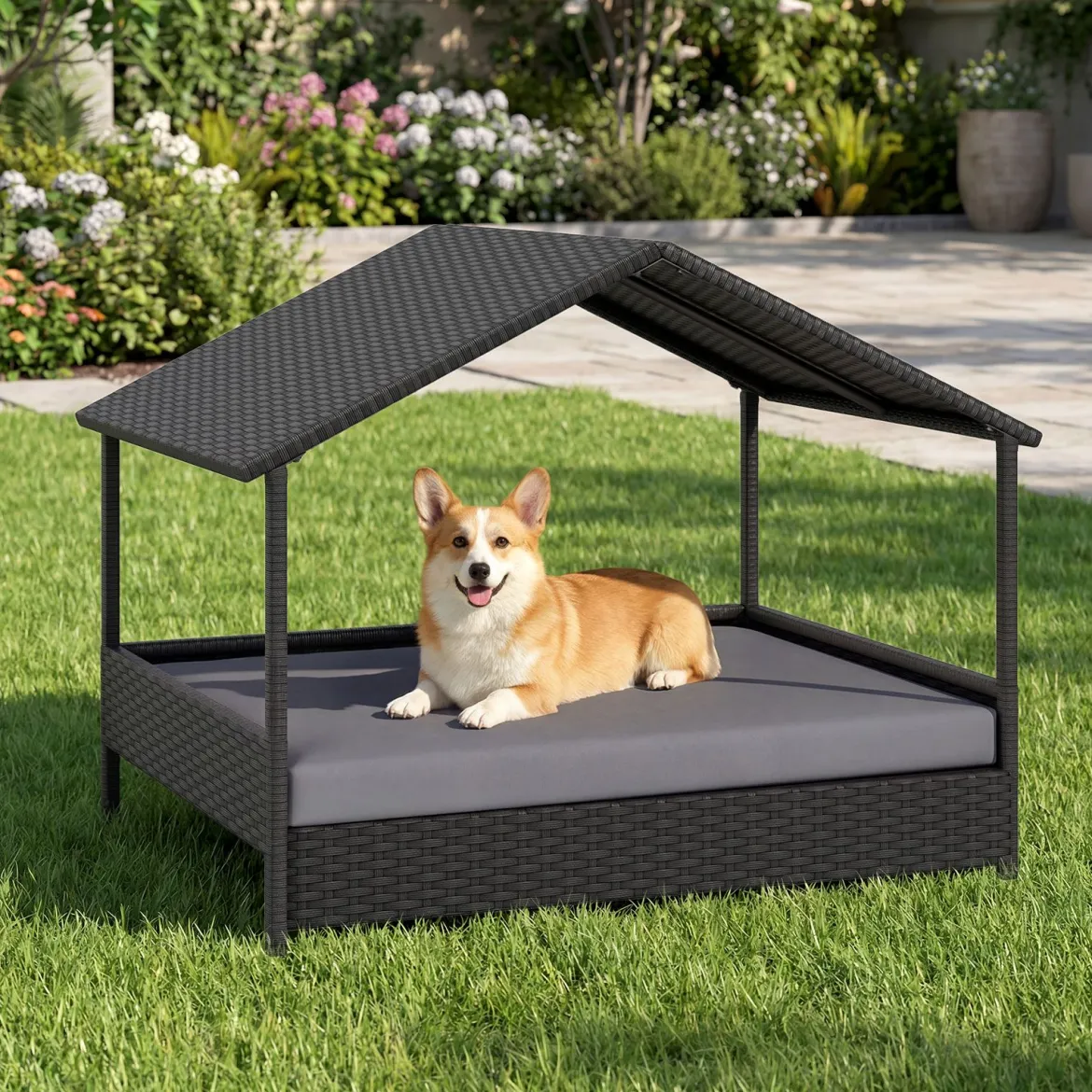 Korbhundehütte mit Baldachin erhöhtes Rattansofa für kleine und mittelgroße Hunde bis 60 kg Grau