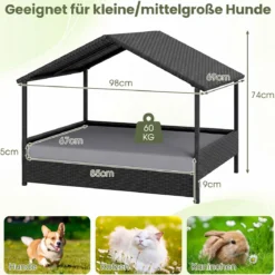 Korbhundehütte mit Baldachin erhöhtes Rattansofa für kleine und mittelgroße Hunde bis 60 kg Grau