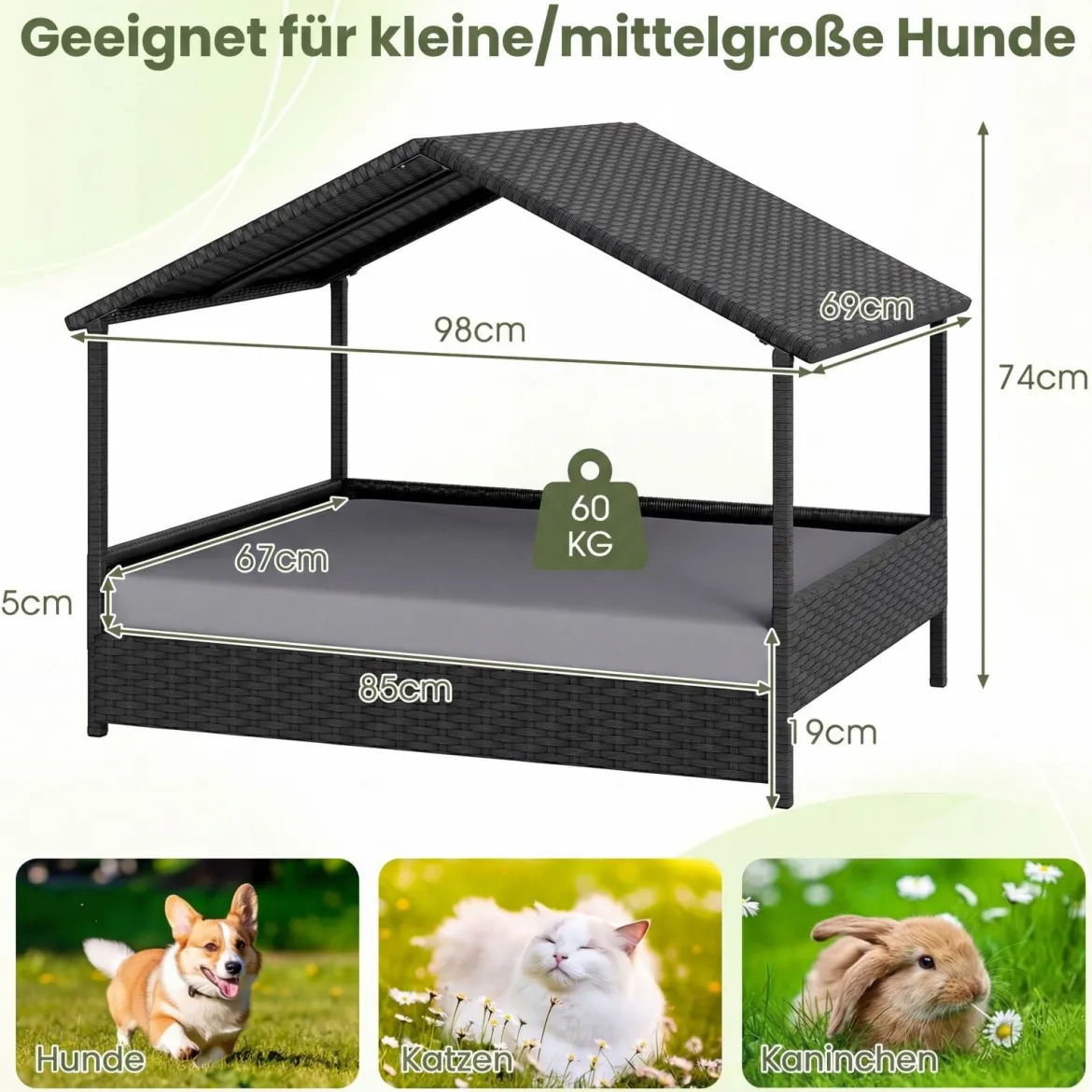 Korbhundehütte mit Baldachin erhöhtes Rattansofa für kleine und mittelgroße Hunde bis 60 kg Grau