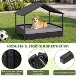 Korbhundehütte mit Baldachin erhöhtes Rattansofa für kleine und mittelgroße Hunde bis 60 kg Grau