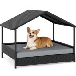 Korbhundehütte mit Baldachin erhöhtes Rattansofa für kleine und mittelgroße Hunde bis 60 kg Grau