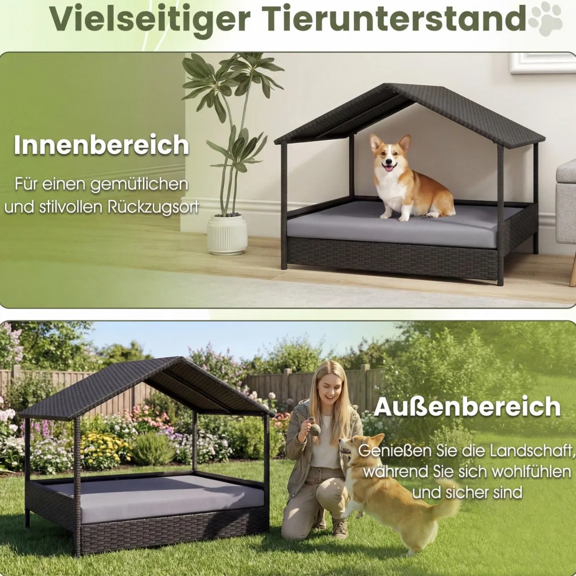 Korbhundehütte mit Baldachin erhöhtes Rattansofa für kleine und mittelgroße Hunde bis 60 kg Grau