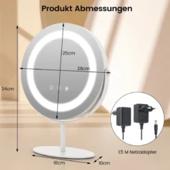 Kosmetikspiegel mit 25 cm Durchmesser & Beleuchtung 3-farbiger dimmbarer LED-Spiegel Weiß