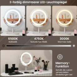Kosmetikspiegel mit 25 cm Durchmesser & Beleuchtung 3-farbiger dimmbarer LED-Spiegel Weiß