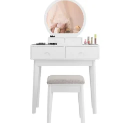 Kosmetiktisch Set 4 Schubladen Schminktisch Frisiertisch mit Hocker und Spiegel Holz