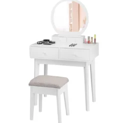Kosmetiktisch Set 4 Schubladen Schminktisch Frisiertisch mit Hocker und Spiegel Holz