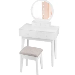 Kosmetiktisch Set 4 Schubladen Schminktisch Frisiertisch mit Hocker und Spiegel Holz