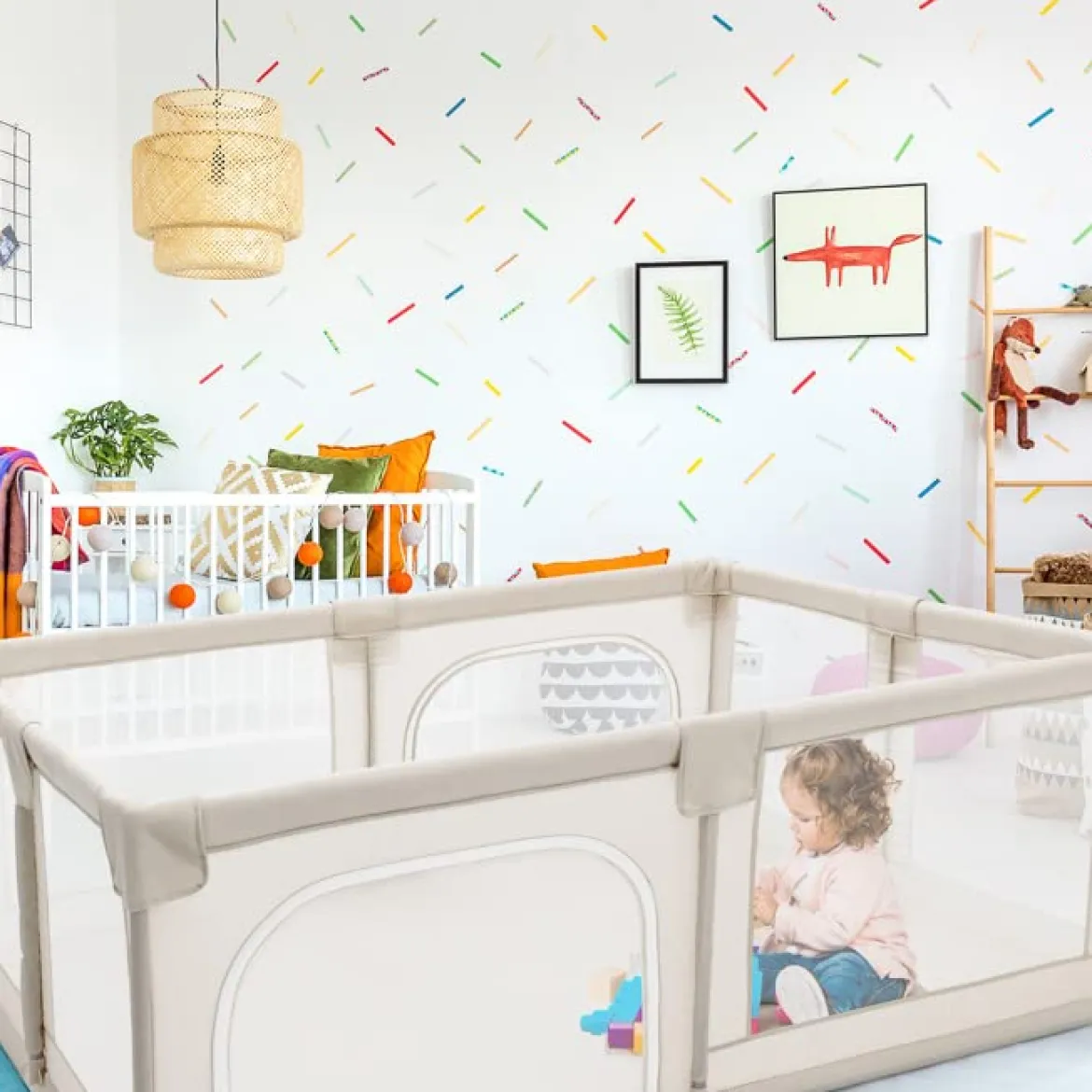 Krabbelgitter 150 x 190 cm Baby Laufstall mit 2 Türen Beige