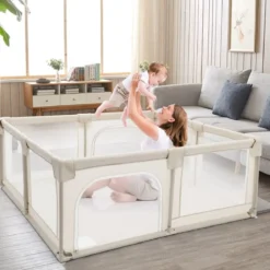 Krabbelgitter 150 x 190 cm Baby Laufstall mit 2 Türen Beige