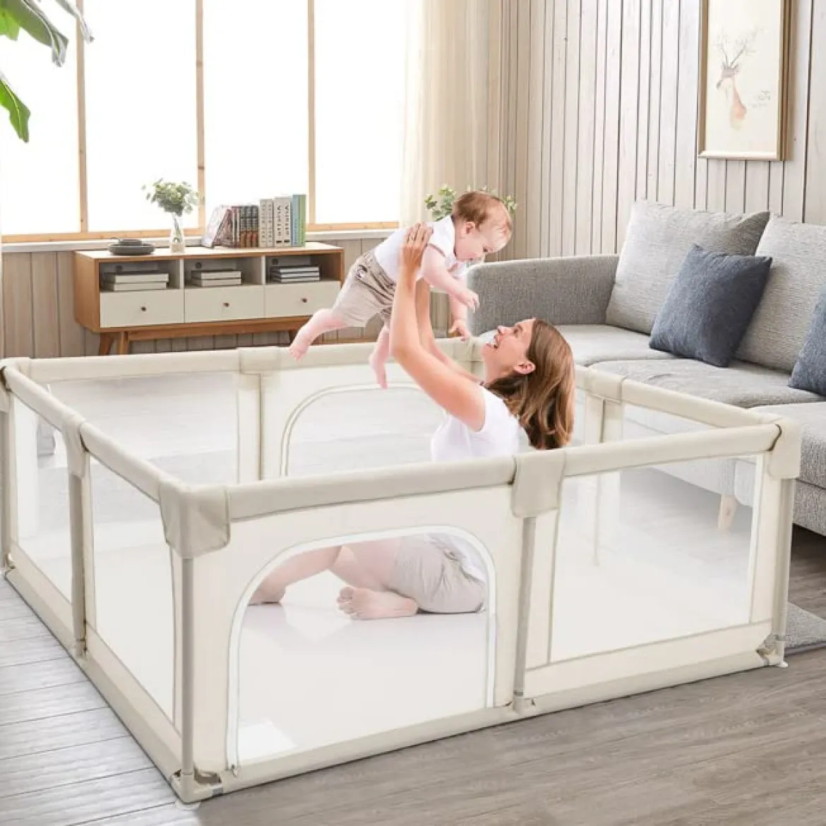 Krabbelgitter 150 x 190 cm Baby Laufstall mit 2 Türen Beige
