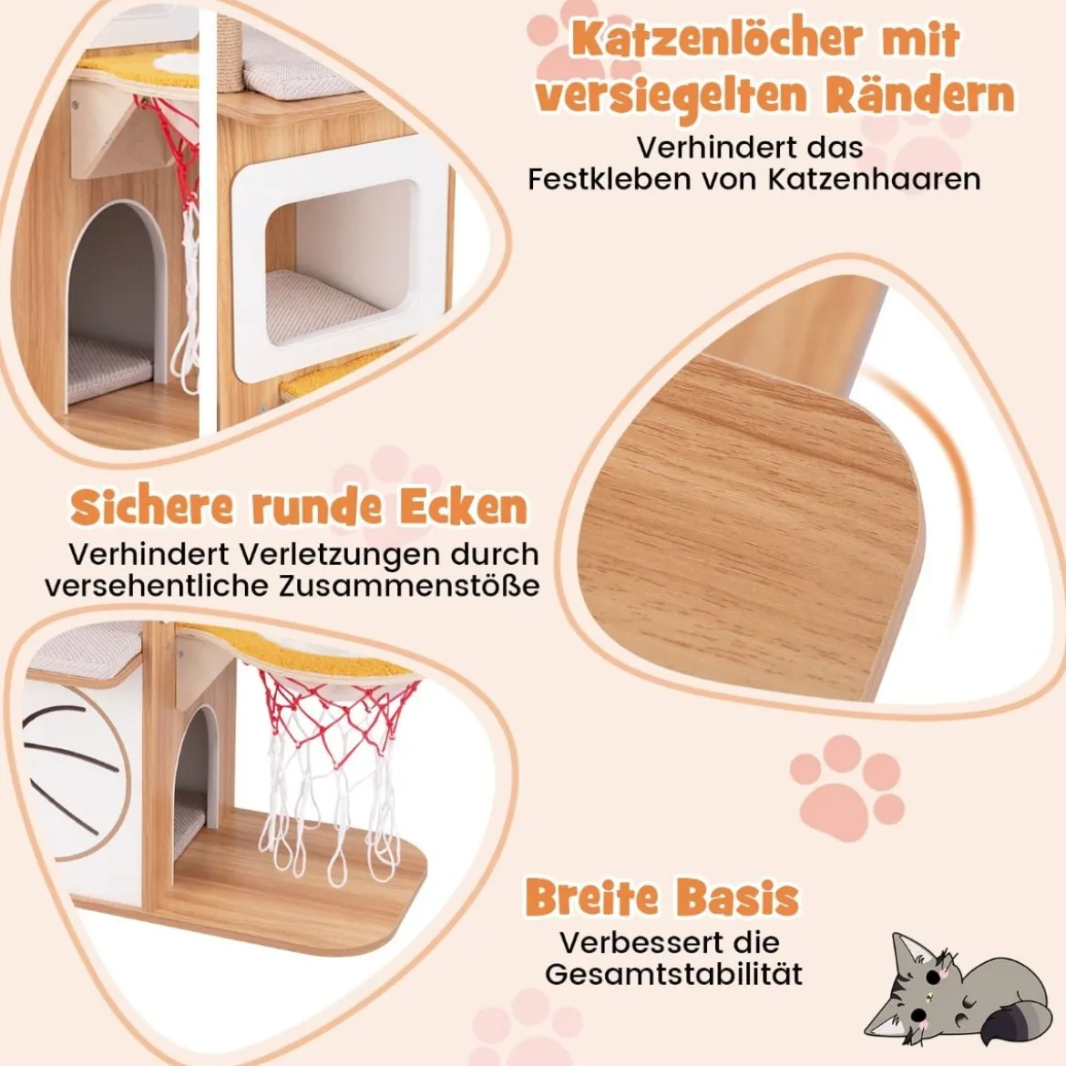 Kratzbaum aus Holz 120 cm großer Kletterturm mit Sportthema mit 2-stöckigem Katzenhaus Natur