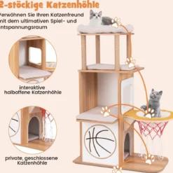 Kratzbaum aus Holz 120 cm großer Kletterturm mit Sportthema mit 2-stöckigem Katzenhaus Natur