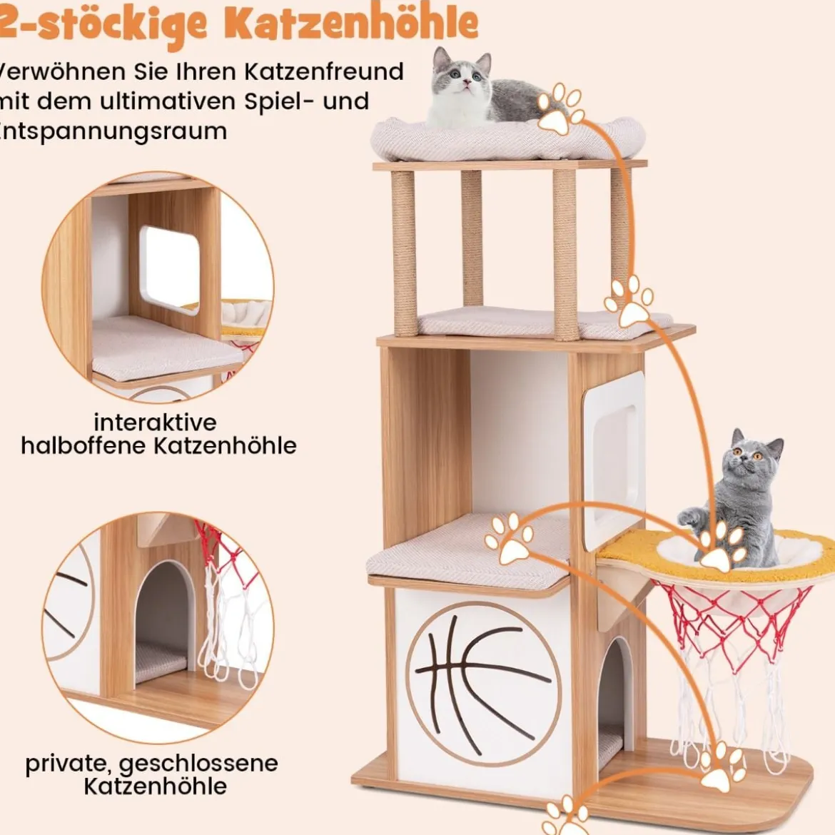 Kratzbaum aus Holz 120 cm großer Kletterturm mit Sportthema mit 2-stöckigem Katzenhaus Natur