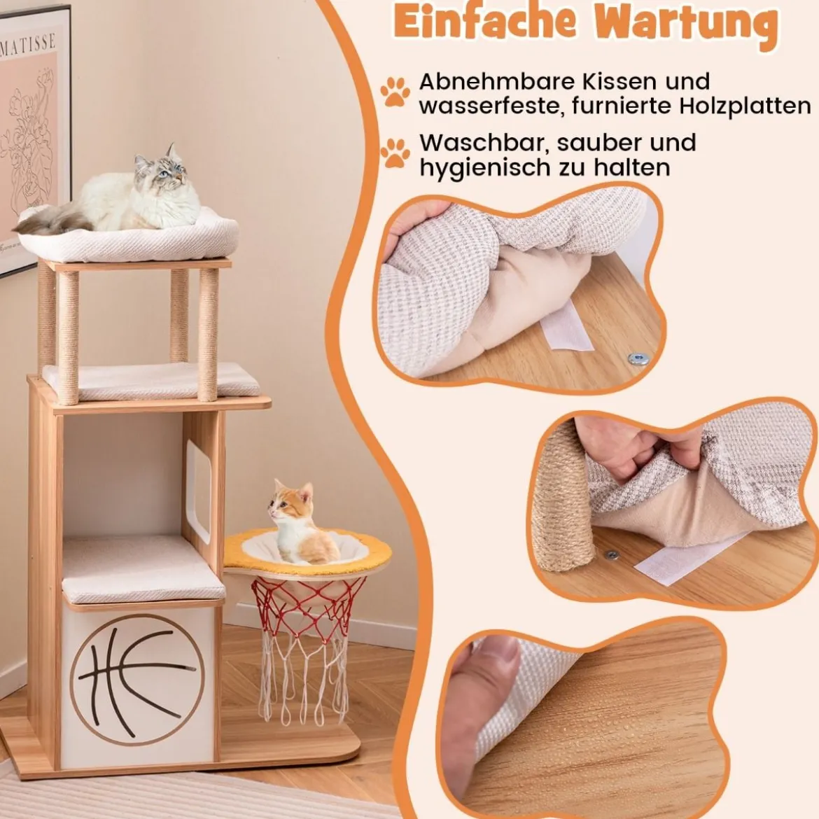 Kratzbaum aus Holz 120 cm großer Kletterturm mit Sportthema mit 2-stöckigem Katzenhaus Natur