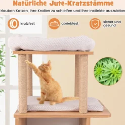Kratzbaum aus Holz 120 cm großer Kletterturm mit Sportthema mit 2-stöckigem Katzenhaus Natur