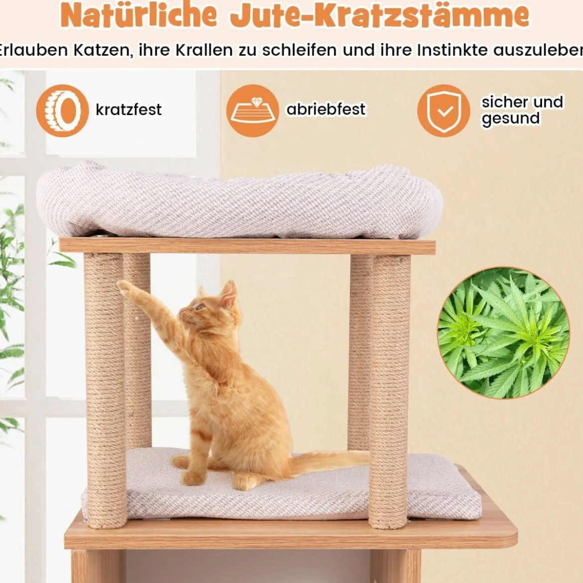 Kratzbaum aus Holz 120 cm großer Kletterturm mit Sportthema mit 2-stöckigem Katzenhaus Natur