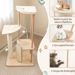 Kratzbaum aus Holz mehrstöckiger Katzenturm mit Kratzbrett Sisalpfosten gepolstertem Sitz 59 x 47 x 112 cm Beige