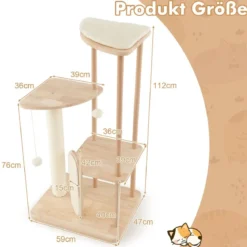 Kratzbaum aus Holz mehrstöckiger Katzenturm mit Kratzbrett Sisalpfosten gepolstertem Sitz 59 x 47 x 112 cm Beige