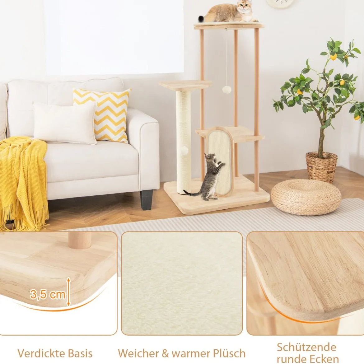 Kratzbaum aus Holz mehrstöckiger Katzenturm mit Kratzbrett Sisalpfosten gepolstertem Sitz 59 x 47 x 112 cm Beige