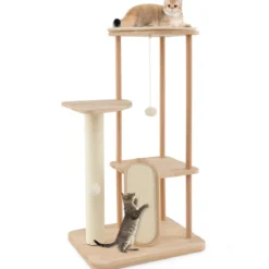 Kratzbaum aus Holz mehrstöckiger Katzenturm mit Kratzbrett Sisalpfosten gepolstertem Sitz 59 x 47 x 112 cm Beige