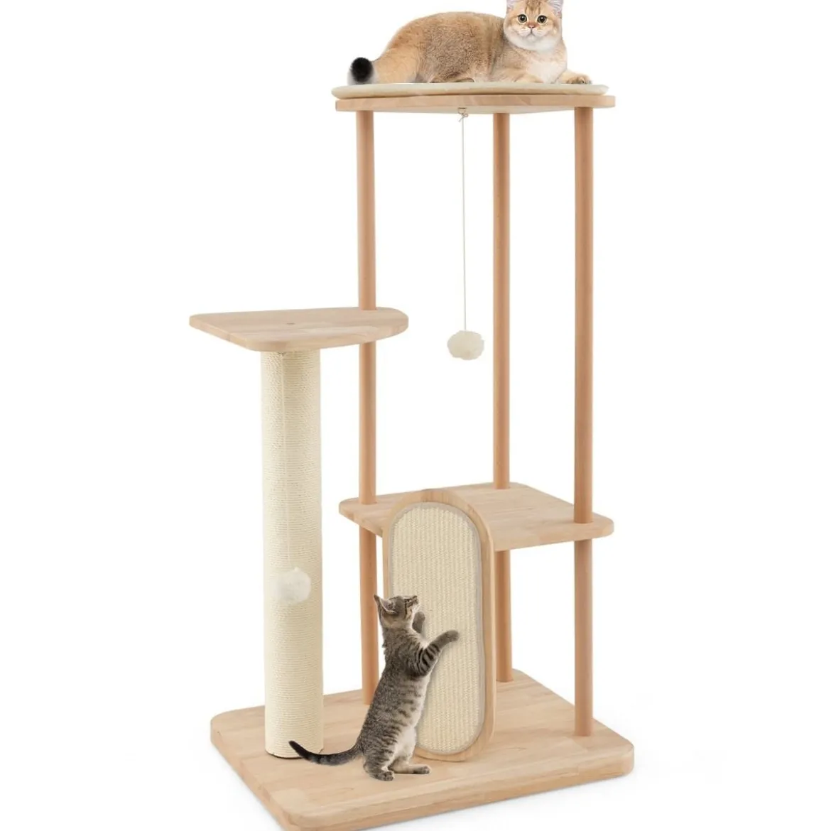 Kratzbaum aus Holz mehrstöckiger Katzenturm mit Kratzbrett Sisalpfosten gepolstertem Sitz 59 x 47 x 112 cm Beige