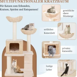 Kratzbaum aus Rohrkolben mit Sisalpfosten & Sitzfläche & Katzenhaus & Leiter Katzenturm
